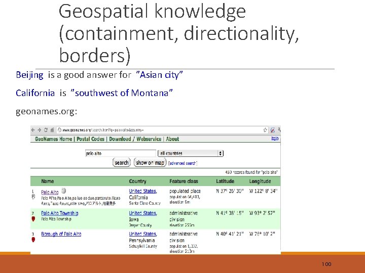 Geospatial knowledge (containment, directionality, borders) Beijing is a good answer for ”Asian city” California