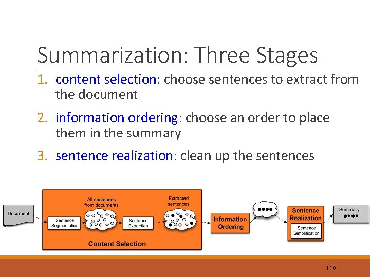 Summarization: Three Stages 1. content selection: choose sentences to extract from the document 2.