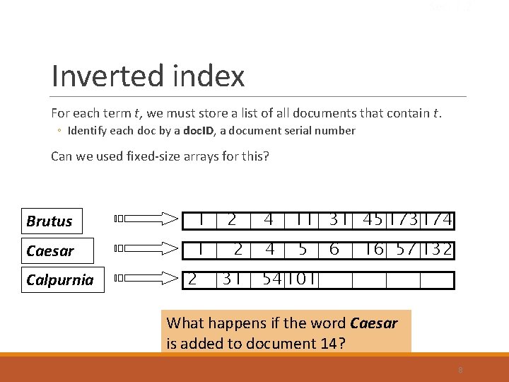 Sec. 1. 2 Inverted index For each term t, we must store a list