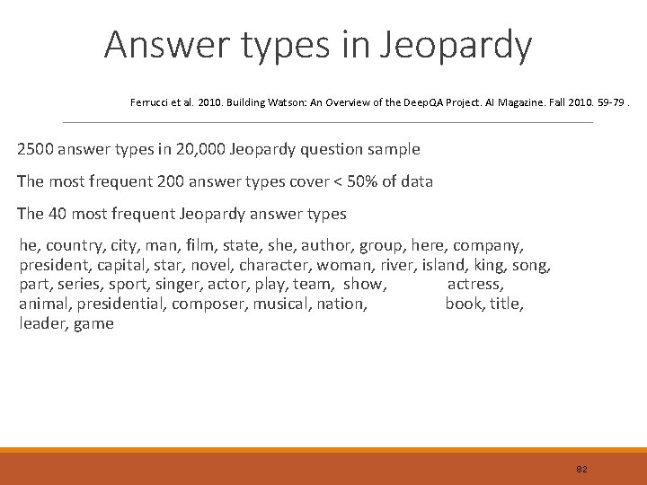 Answer types in Jeopardy Ferrucci et al. 2010. Building Watson: An Overview of the
