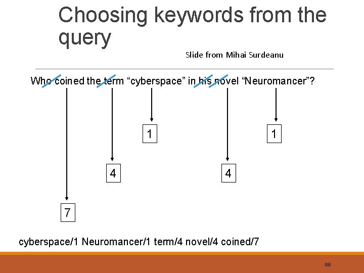 Choosing keywords from the query Slide from Mihai Surdeanu Who coined the term “cyberspace”