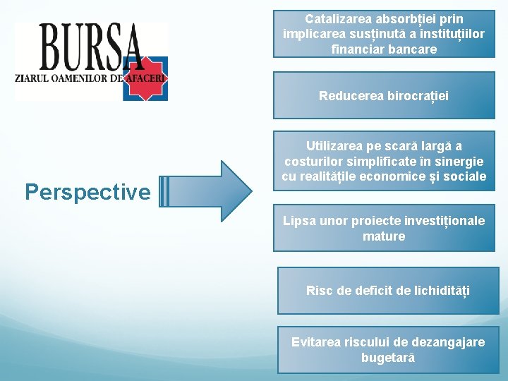 Catalizarea absorbției prin implicarea susținută a instituțiilor financiar bancare Reducerea birocrației Perspective Utilizarea pe