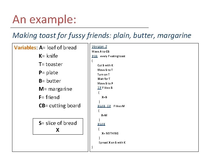 An example: Making toast for fussy friends: plain, butter, margarine Variables: A= loaf of