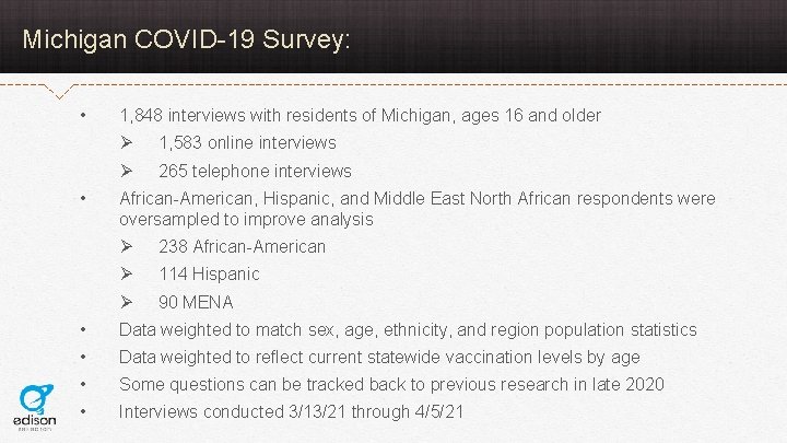 Michigan COVID-19 Survey: • • 1, 848 interviews with residents of Michigan, ages 16