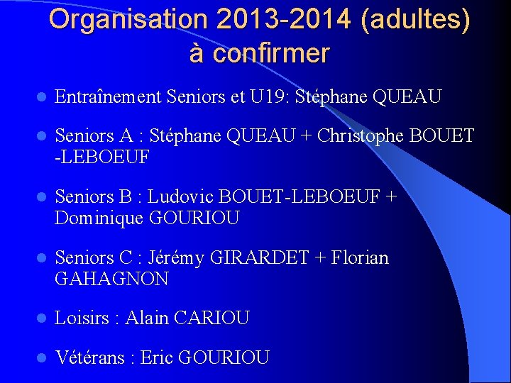 Organisation 2013 -2014 (adultes) à confirmer l Entraînement Seniors et U 19: Stéphane QUEAU