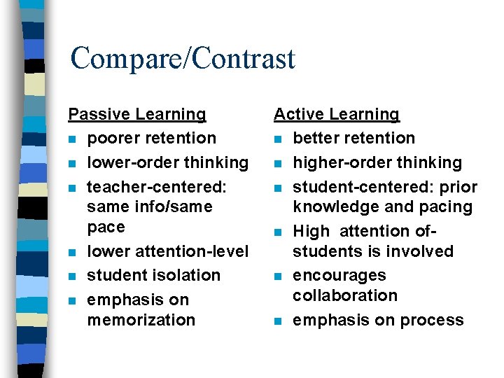 Compare/Contrast Passive Learning n poorer retention n lower-order thinking n teacher-centered: same info/same pace