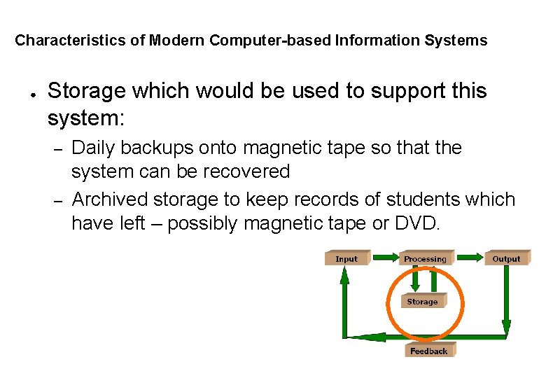 Characteristics of Modern Computer-based Information Systems ● Storage which would be used to support