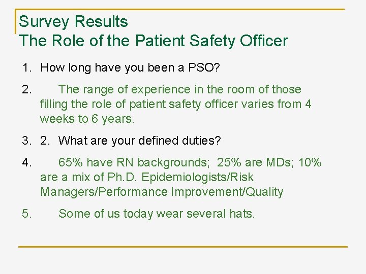 Survey Results The Role of the Patient Safety Officer 1. How long have you