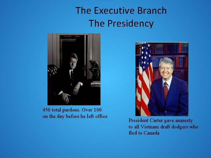 The Executive Branch The Presidency 456 total pardons. Over 100 on the day before