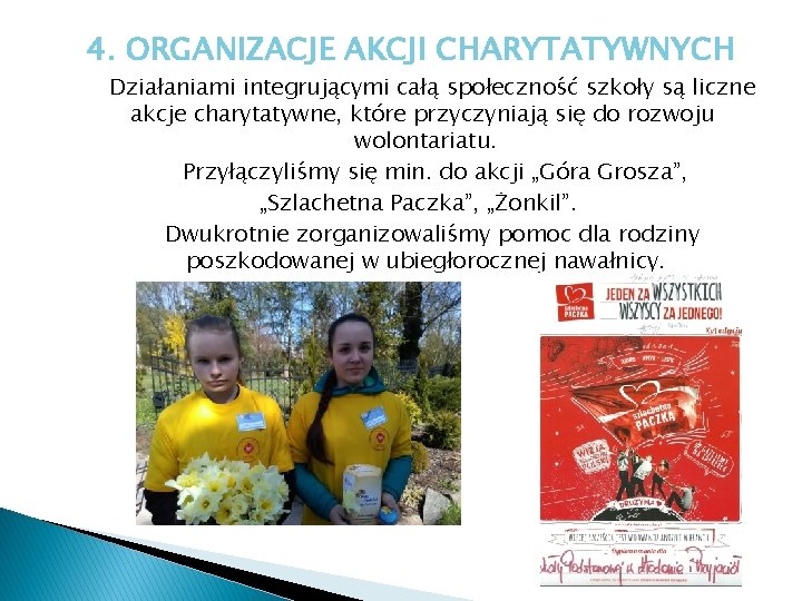 4. ORGANIZACJE AKCJI CHARYTATYWNYCH Działaniami integrującymi całą społeczność szkoły są liczne akcje charytatywne, które