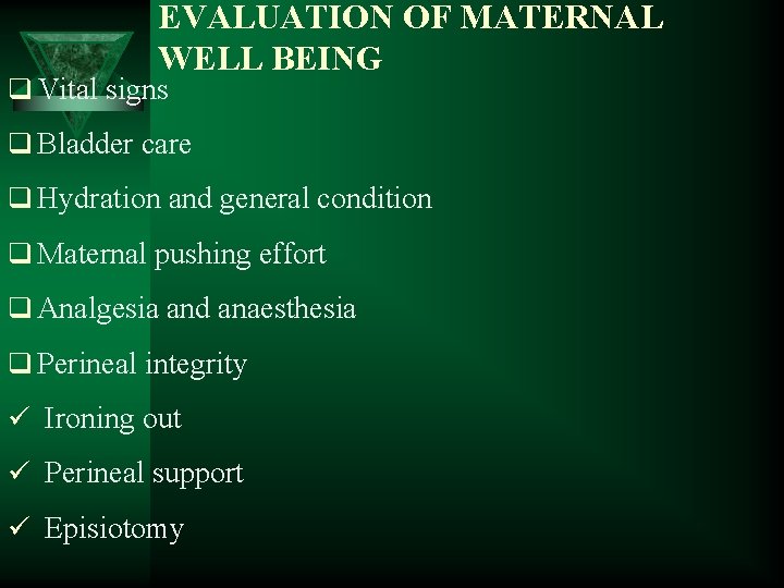 EVALUATION OF MATERNAL WELL BEING q Vital signs q Bladder care q Hydration and