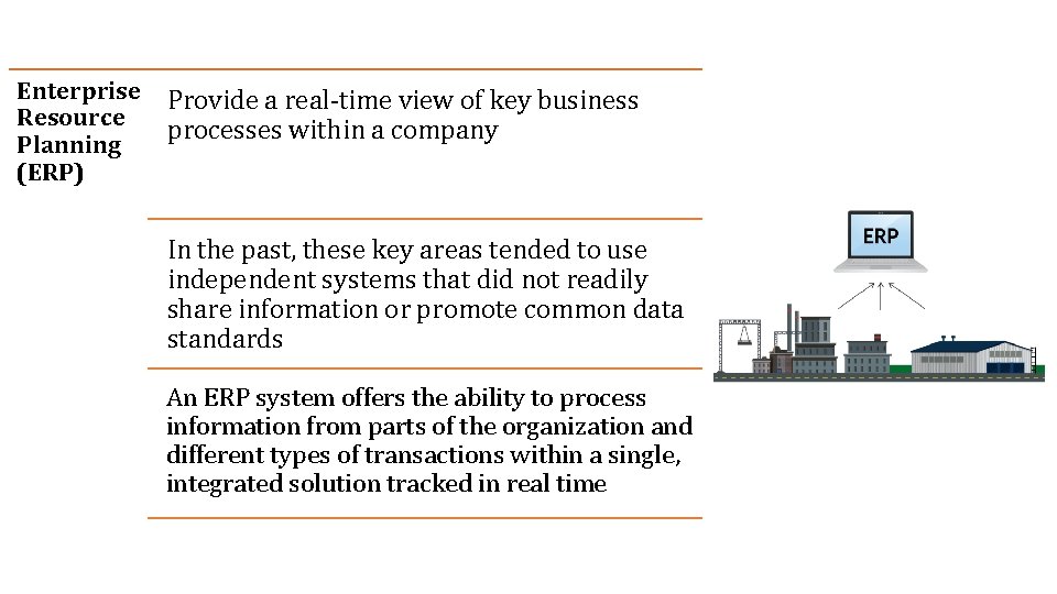 Enterprise Resource Planning (ERP) Provide a real-time view of key business processes within a