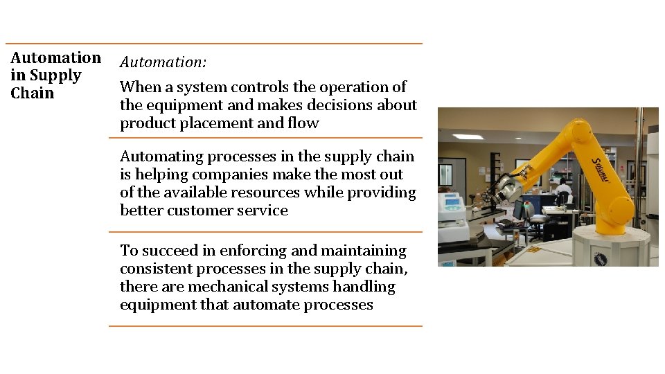 Automation in Supply Chain Automation: When a system controls the operation of the equipment