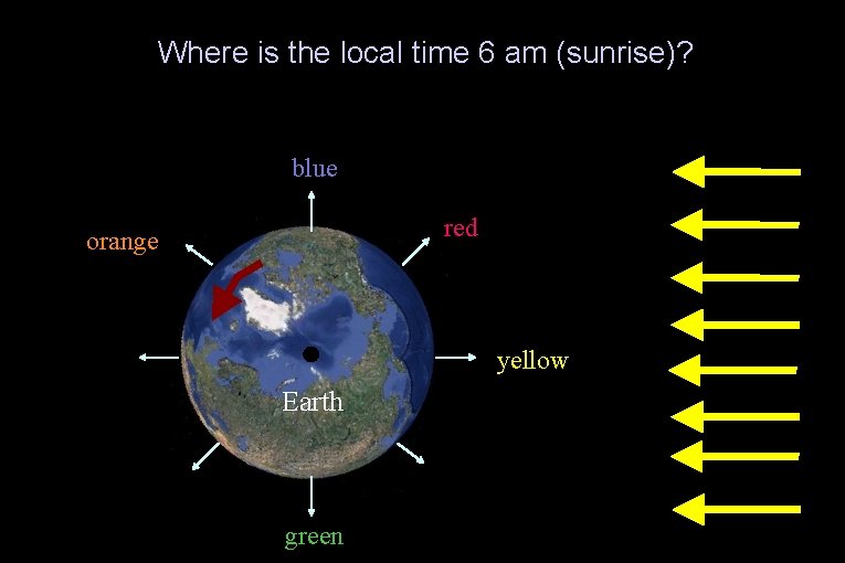 Where is the local time 6 am (sunrise)? blue red orange yellow Earth green