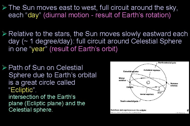 Ø The Sun moves east to west, full circuit around the sky, each “day”