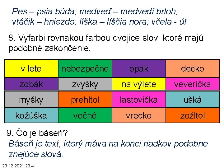 Pes – psia búda; medveď – medvedí brloh; vtáčik – hniezdo; líška – líščia