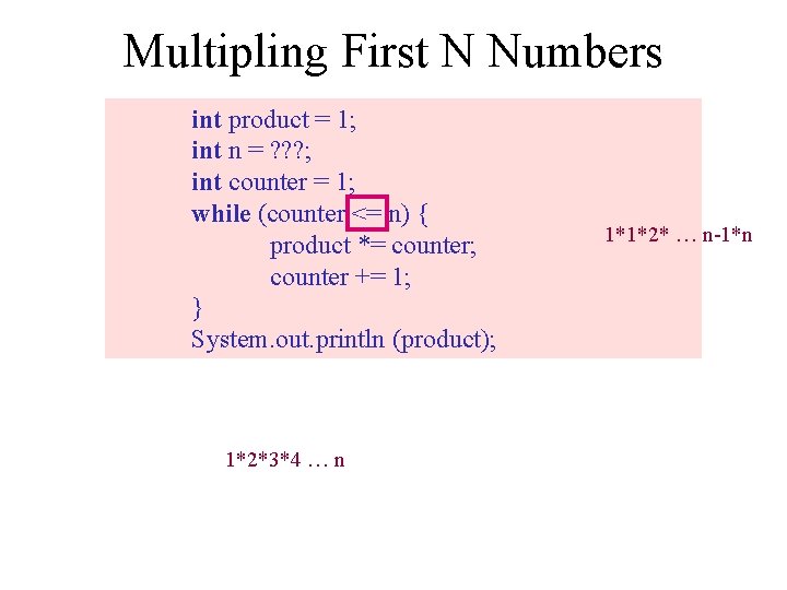 Multipling First N Numbers int product = 1; int n = ? ? ?