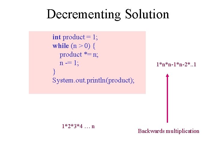 Decrementing Solution int product = 1; while (n > 0) { product *= n;