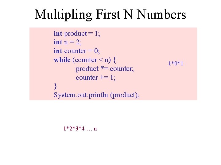 Multipling First N Numbers int product = 1; int n = 2; int counter