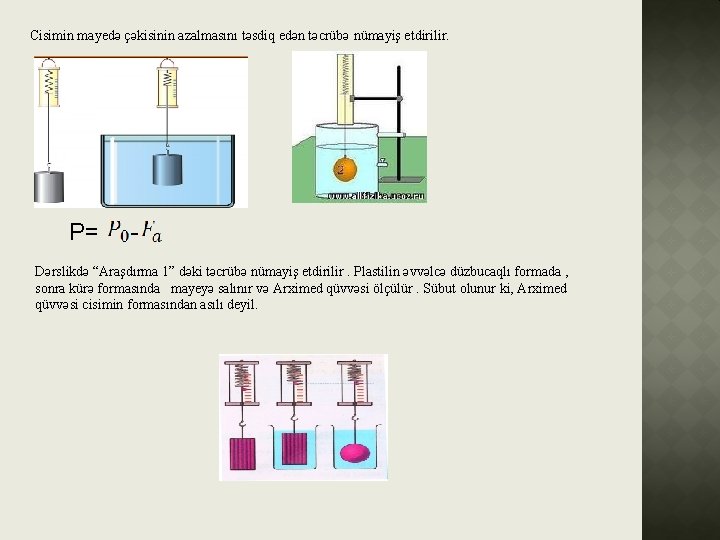 Cisimin mayedə çəkisinin azalmasını təsdiq edən təcrübə nümayiş etdirilir. P= - Dərslikdə “Araşdırma 1”