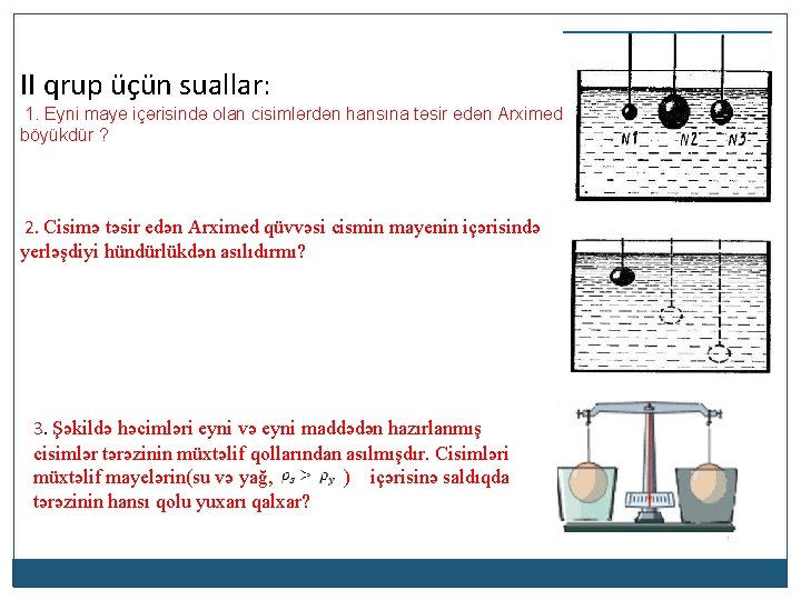 II qrup üçün suallar: 1. Eyni maye içərisində olan cisimlərdən hansına təsir edən Arximed