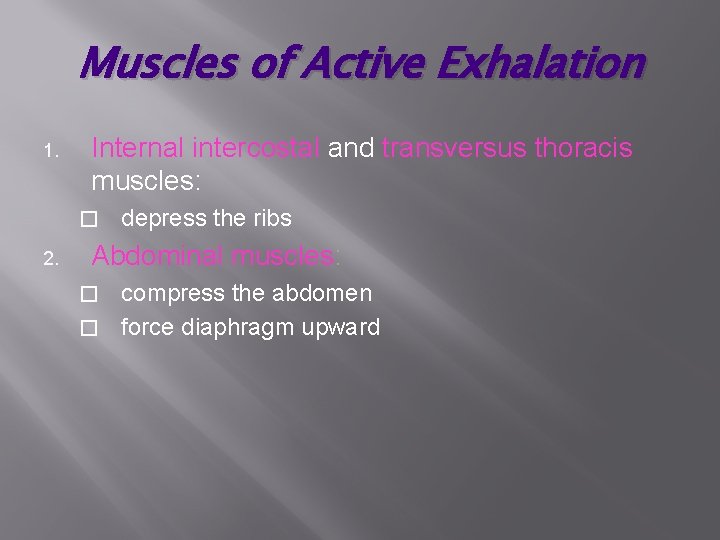 Muscles of Active Exhalation 1. Internal intercostal and transversus thoracis muscles: � 2. depress