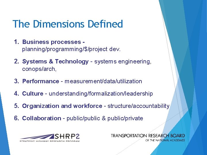 The Dimensions Defined 1. Business processes planning/programming/$/project dev. 2. Systems & Technology - systems The Dimensions Defined 1. Business processes planning/programming/$/project dev. 2. Systems & Technology - systems