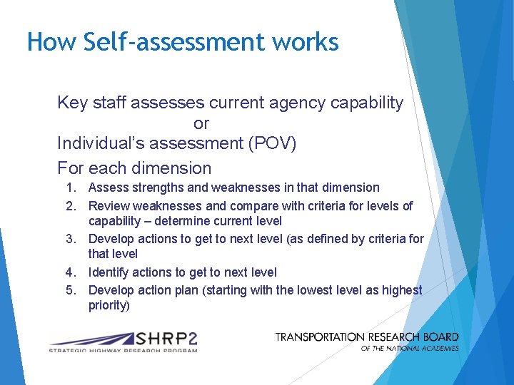 How Self-assessment works Key staff assesses current agency capability or Individual’s assessment (POV) For