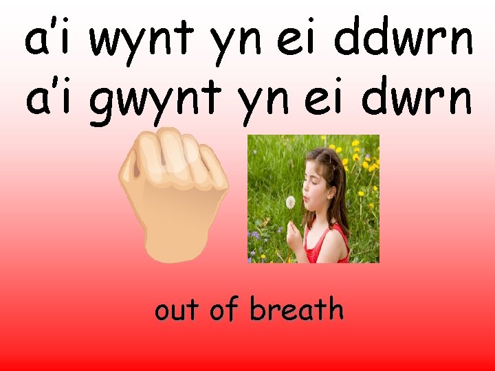 a’i wynt yn ei ddwrn a’i gwynt yn ei dwrn out of breath 