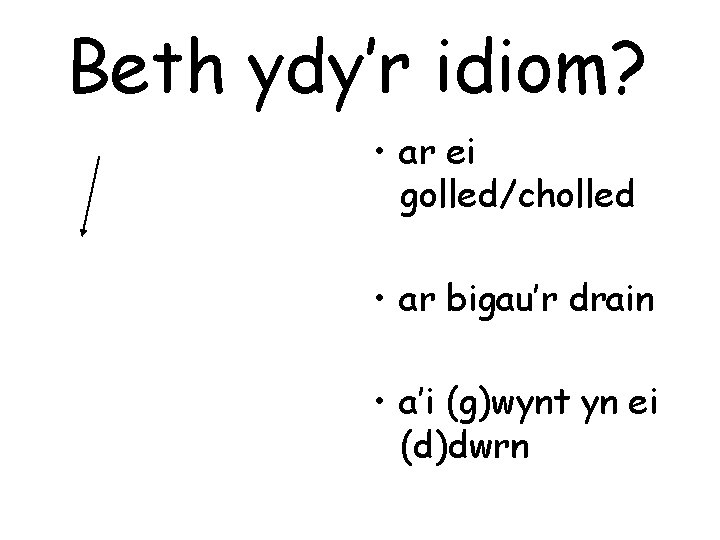 Beth ydy’r idiom? • ar ei golled/cholled • ar bigau’r drain • a’i (g)wynt