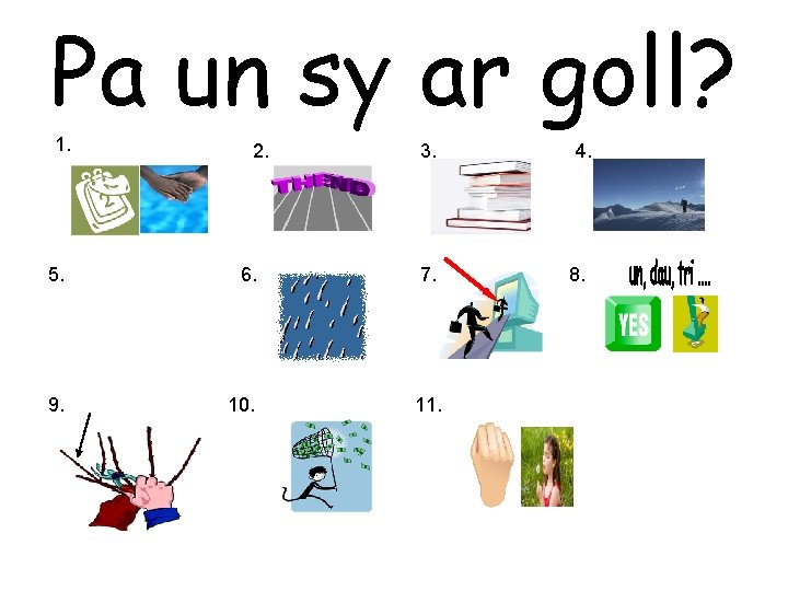 Pa un sy ar goll? 1. 2. 3. 5. 6. 7. 9. 10. 11.