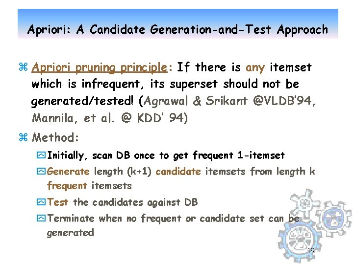 Apriori: A Candidate Generation-and-Test Approach z Apriori pruning principle: If there is any itemset