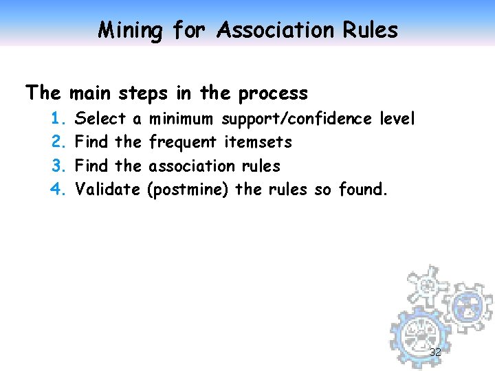 Mining for Association Rules The main steps in the process 1. 2. 3. 4.