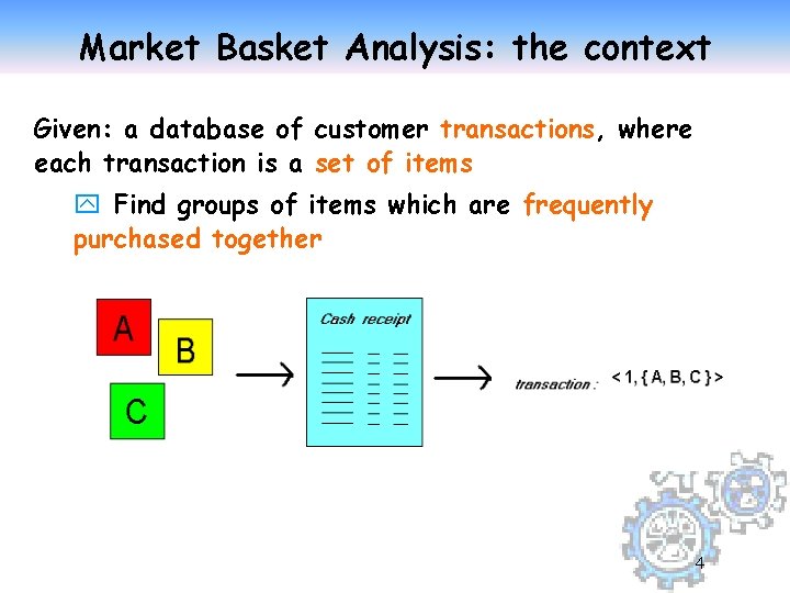 Market Basket Analysis: the context Given: a database of customer transactions, where each transaction