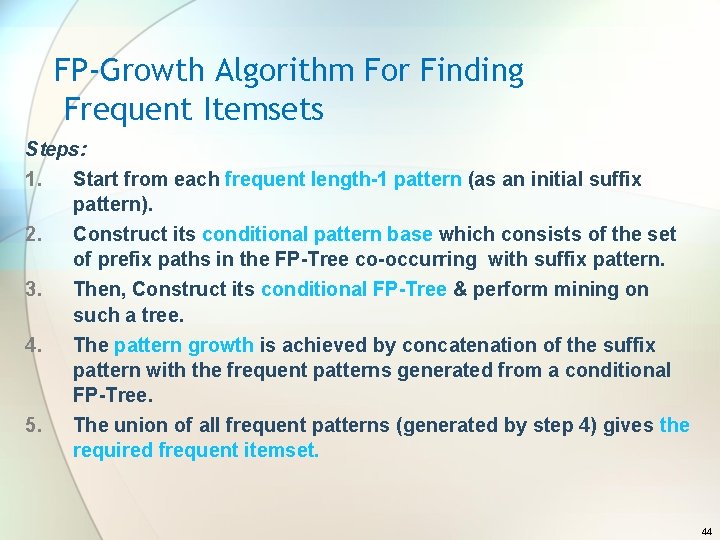 FP-Growth Algorithm For Finding Frequent Itemsets Steps: 1. Start from each frequent length-1 pattern