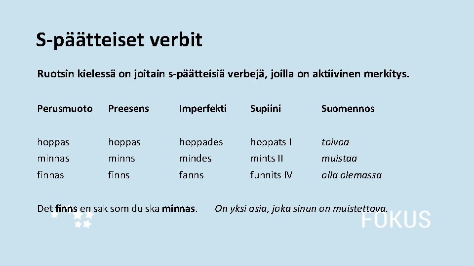 S-päätteiset verbit Ruotsin kielessä on joitain s-päätteisiä verbejä, joilla on aktiivinen merkitys. Perusmuoto Preesens