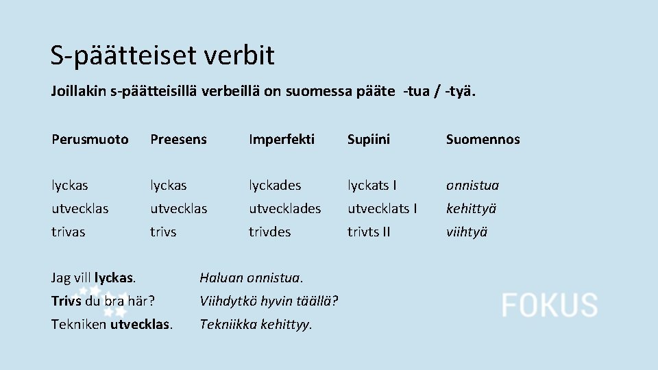 S-päätteiset verbit Joillakin s-päätteisillä verbeillä on suomessa pääte -tua / -tyä. Perusmuoto Preesens Imperfekti
