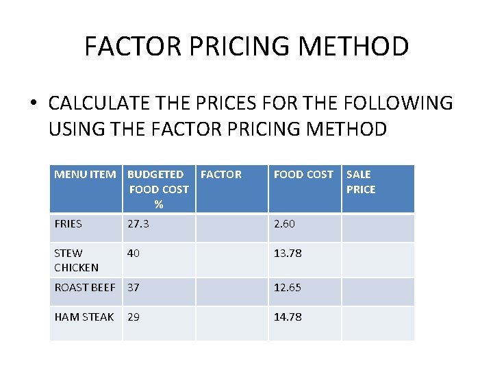 FACTOR PRICING METHOD • CALCULATE THE PRICES FOR THE FOLLOWING USING THE FACTOR PRICING