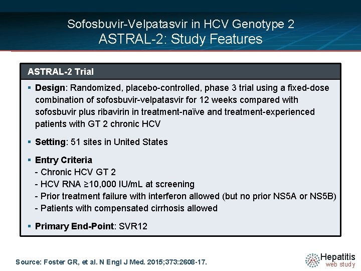 Sofosbuvir-Velpatasvir in HCV Genotype 2 ASTRAL-2: Study Features ASTRAL-2 Trial § Design: Randomized, placebo-controlled,