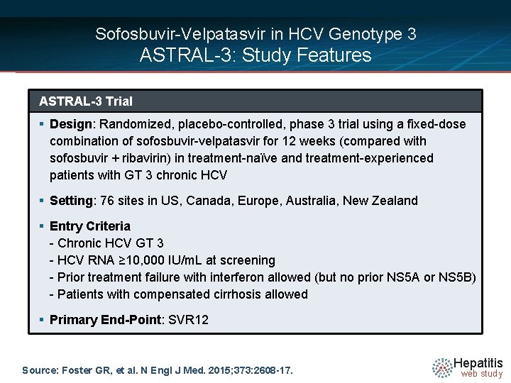 Sofosbuvir-Velpatasvir in HCV Genotype 3 ASTRAL-3: Study Features ASTRAL-3 Trial § Design: Randomized, placebo-controlled,