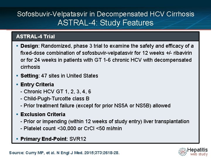 Sofosbuvir-Velpatasvir in Decompensated HCV Cirrhosis ASTRAL-4: Study Features ASTRAL-4 Trial § Design: Randomized, phase