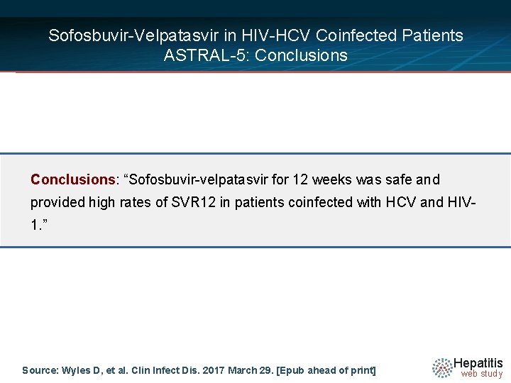 Sofosbuvir-Velpatasvir in HIV-HCV Coinfected Patients ASTRAL-5: Conclusions: “Sofosbuvir-velpatasvir for 12 weeks was safe and