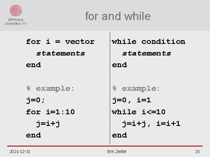 for and while for i = vector statements end while condition statements end %