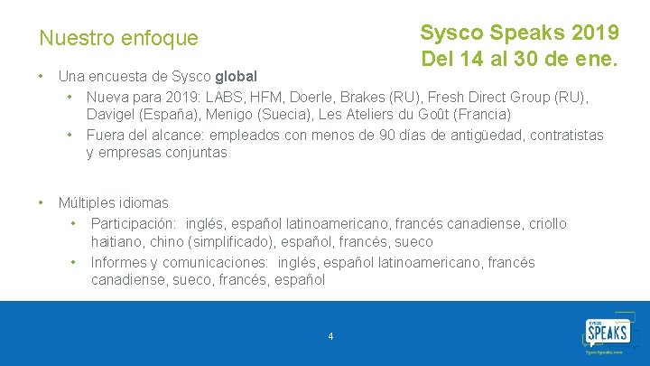 Sysco Speaks 2019 Del 14 al 30 de ene. Nuestro enfoque • Una encuesta Sysco Speaks 2019 Del 14 al 30 de ene. Nuestro enfoque • Una encuesta