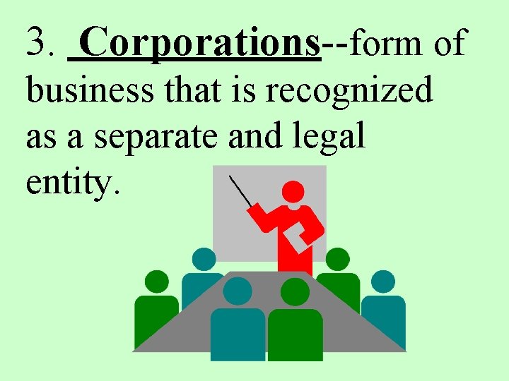 3. Corporations--form of business that is recognized as a separate and legal entity. 