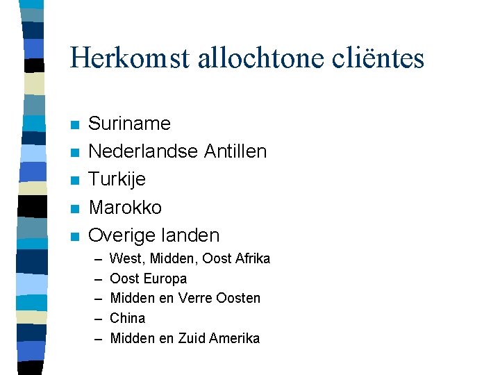 Herkomst allochtone cliëntes n n n Suriname Nederlandse Antillen Turkije Marokko Overige landen –