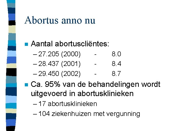 Abortus anno nu n Aantal abortuscliëntes: – 27. 205 (2000) – 28. 437 (2001)