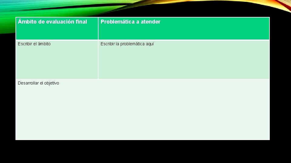 Ámbito de evaluación final Problemática a atender Escribir el ámbito Escribir la problemática aquí