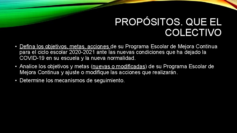 PROPÓSITOS. QUE EL COLECTIVO • Defina los objetivos, metas, acciones de su Programa Escolar