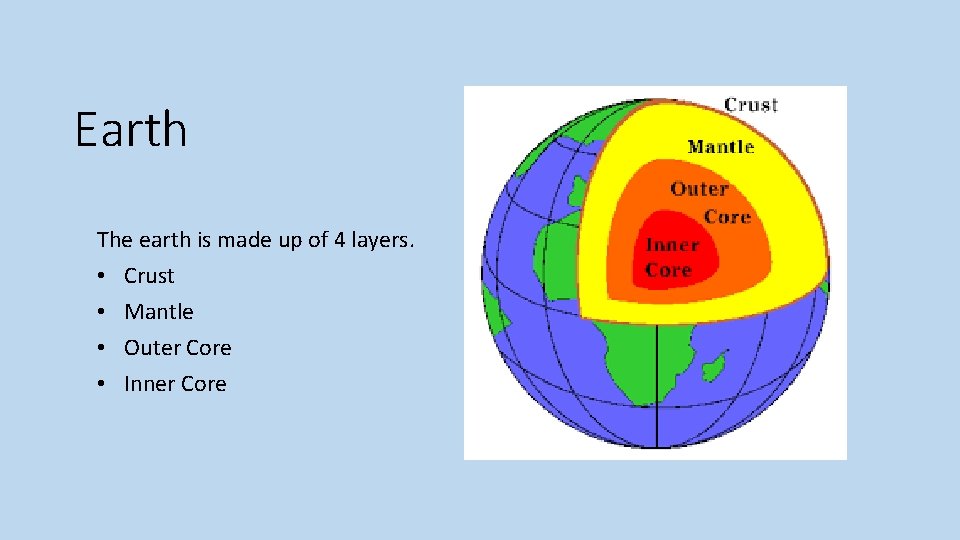 Earth The earth is made up of 4 layers. • Crust • Mantle •